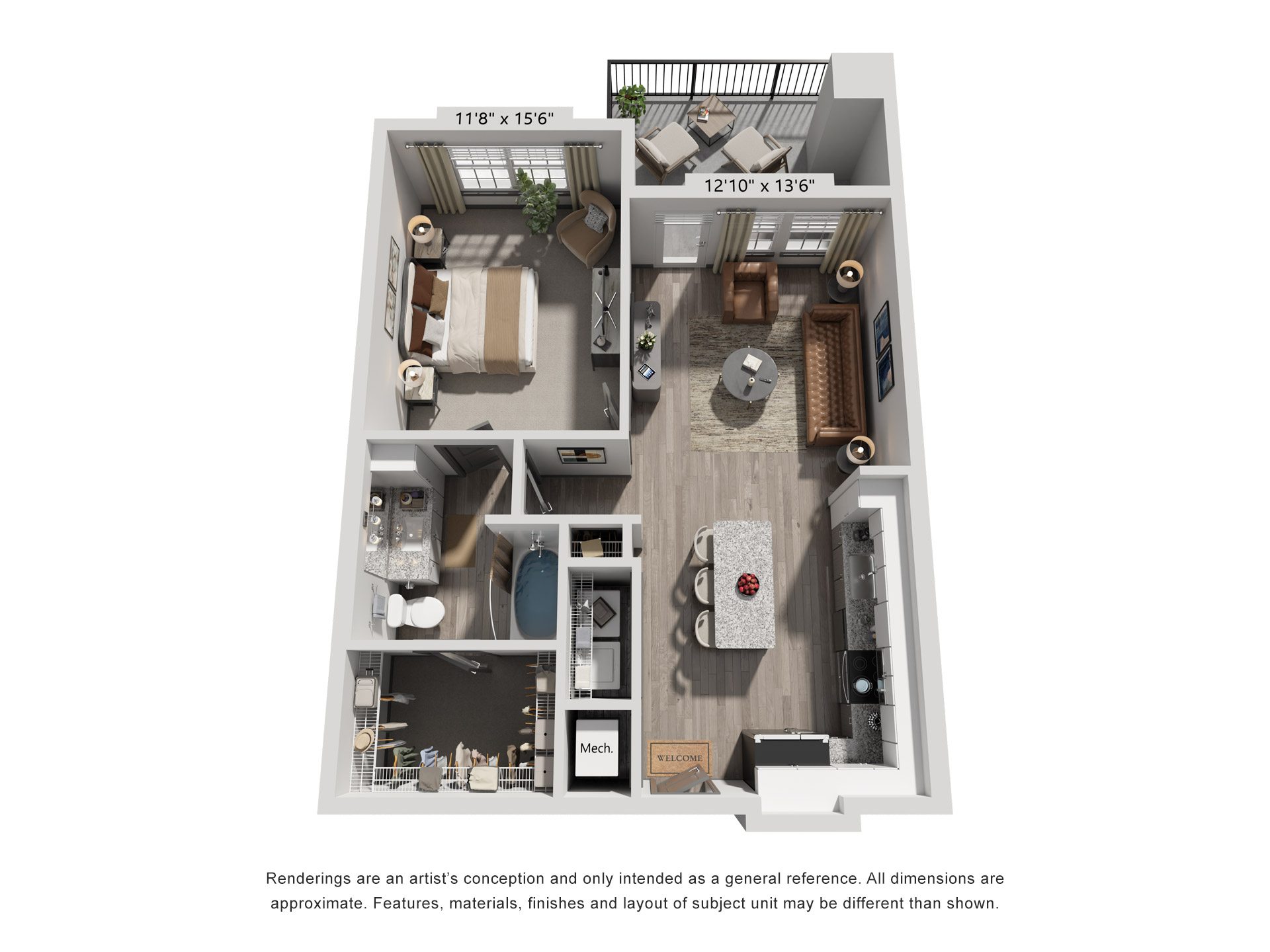 Floor plan for 1 bed, 1 bath, 780 sqft